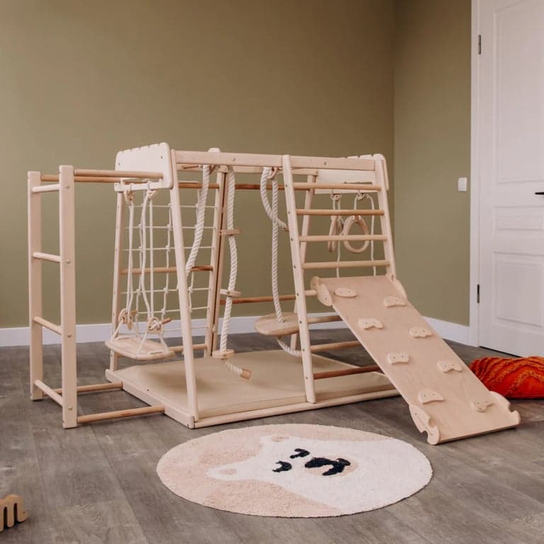 Wood and Hearts Indoor Jungle Gym met Trapeze, Ladder, Mat, Helling en 4 Touwen