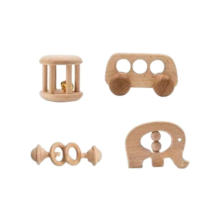 Seaside-Montessori Houten Leren-Rammelaar-Set-Bus