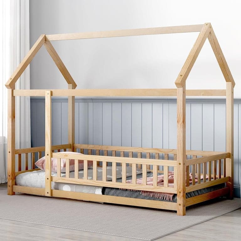 Tatub Tweepersoons Huis Vloerbed Met Relingen Naturel