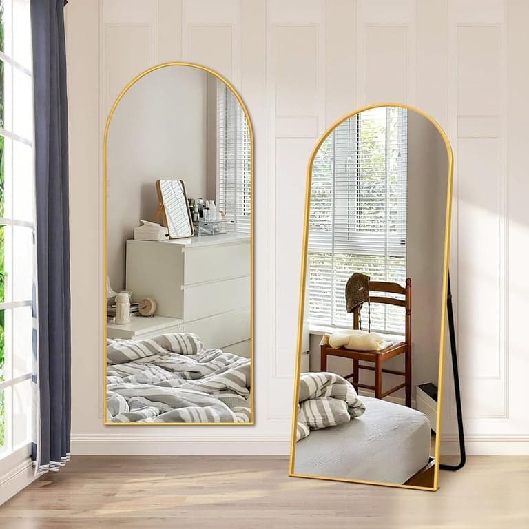 NicBex Gebogen Volledige Lengte Spiegel met Staander 145 x 50 cm Goud