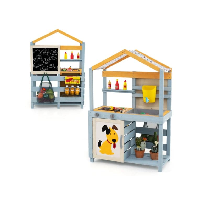 Costway 2-in-1 Houten Modderkeuken Dubbelzijdig met BBQ Grill