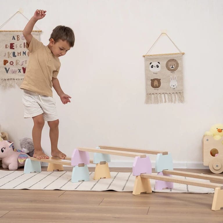 Wood and Hearts Evenwichtsbalk Set Natuurlijk Hout + Pastel 6 Planken