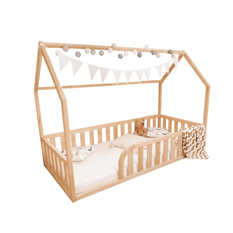 MandreleKids Huis Vloerbed Naturel met Afgeronde Opening Twijfelaar 140 x 200