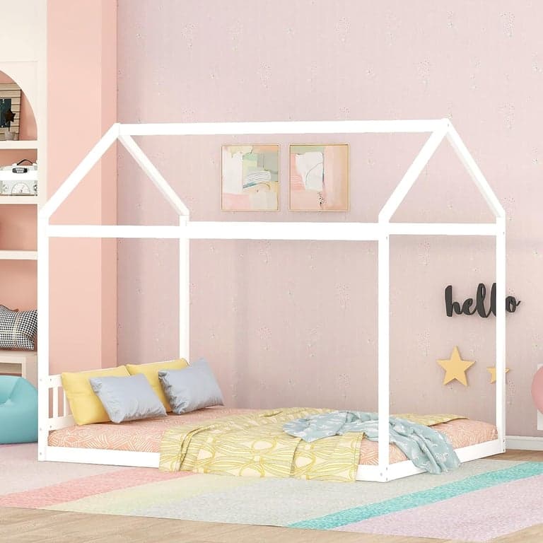 Meritline Queen Size Vloerbeddenframe met Hoofdbord & Lattenbodem Wit