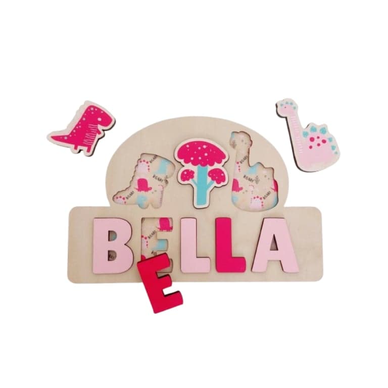Vellamaes Houten Naampuzzel 5 Letters Dinosaurus Roze
