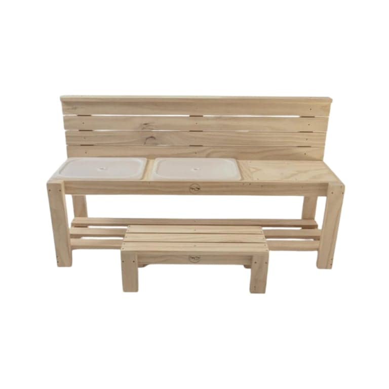 Pippy Play Designs Grote Sensorische Modderkeuken 2 Kuipen met Deksels, Bankje en Helderglanzende Lakbehandeling