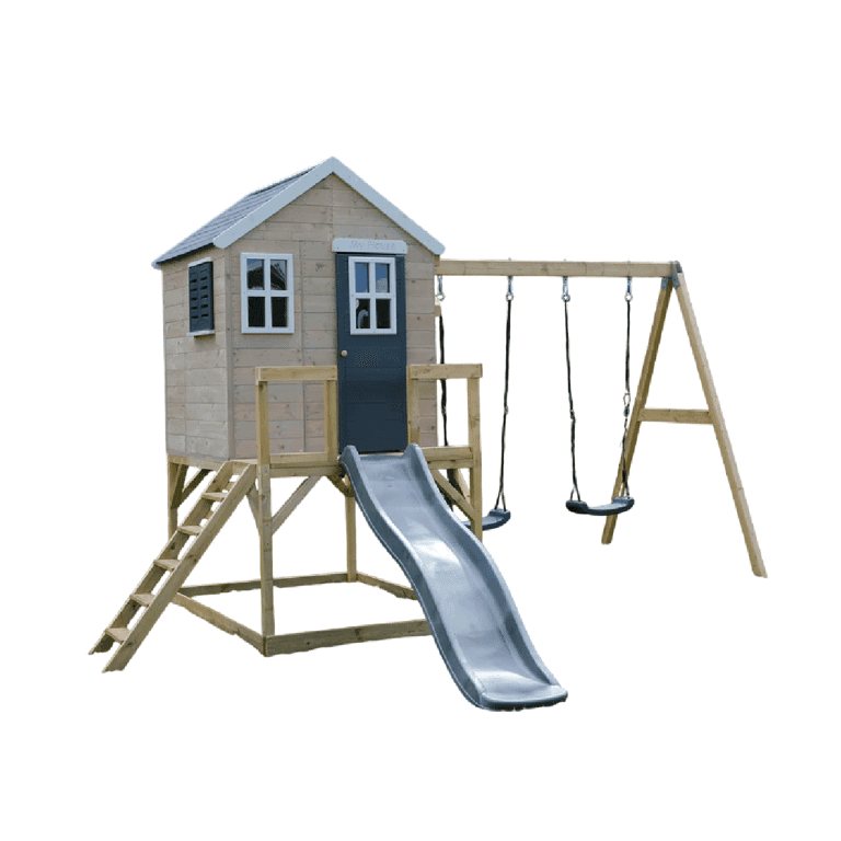 Wendi Toys Mijn Lodge Schommelset met Platform, Glijbaan en Dubbele Schommel Grijs