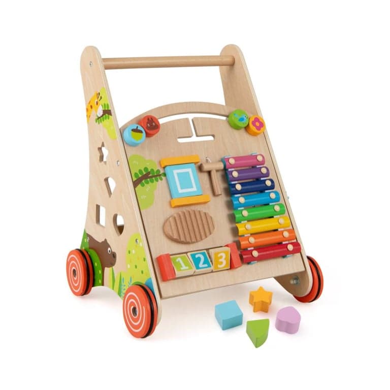 Costway Houten Duw-en-Trek Baby Walker met Handvat en Opbergvak Natuurlijk