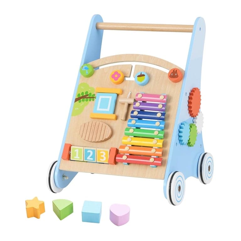 INFANS Houten Loopwagen met Meerdere Activiteiten Blauw