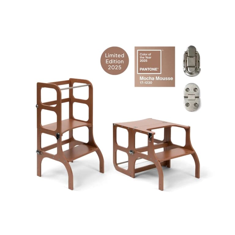 Ette Tete STEP'n'SIT® Helper Toren Tafeltje Verstelbare 2-in-1 Mokka Mousse met Zilveren Slotjes