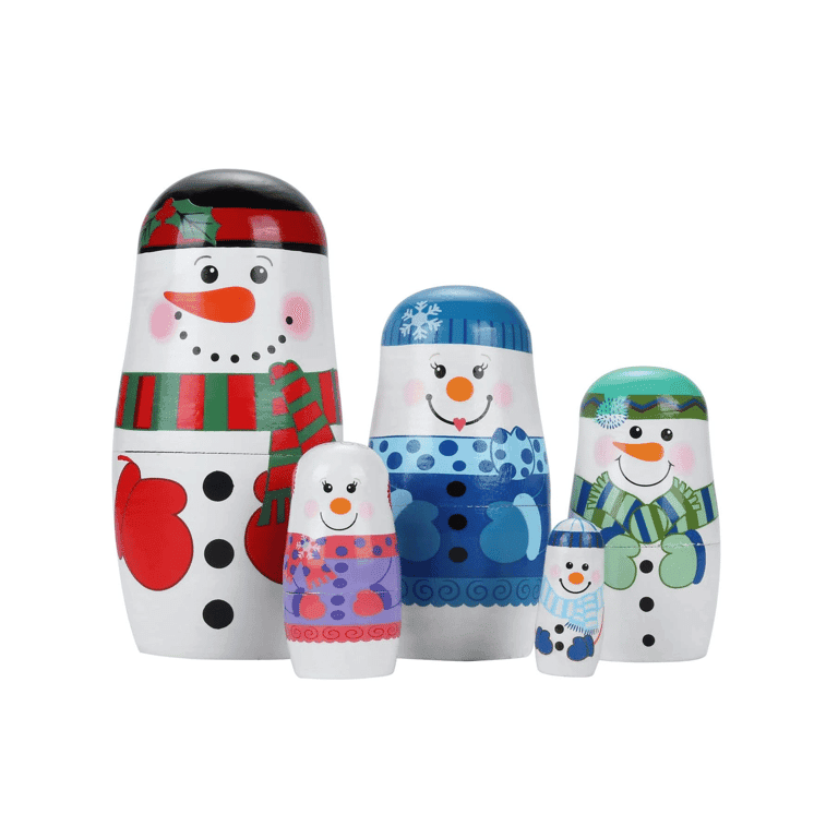 Yoption 5 Stuks Handgemaakte Houten Nestpoppen Sneeuwpop