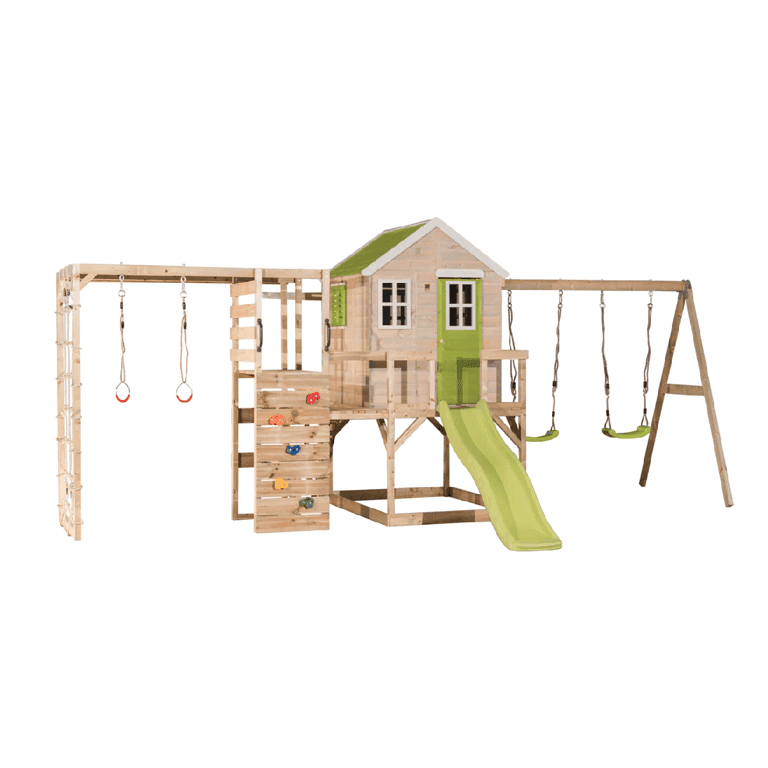 Wendi Toys My Lodge Schommelset met Platform, Glijbaan, Dubbele Schommel en Gymbevestiging Limoen