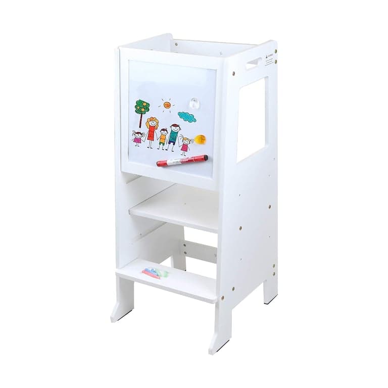 Clevr Kids Keuken Opstapkrukje met Zwart-Wit Magnetisch Activiteitenbord Wit