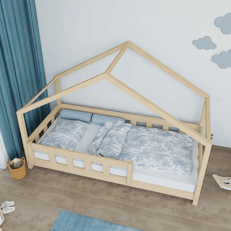 Benlemi Huisbedplotty met Voorpaneel en Veiligheidsreling Vooraan Ongelakt 120x200 CM