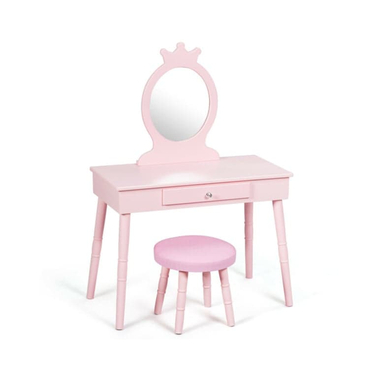 Costway Houten Prinsessen Make-Up Tafel Ronde Spiegel Roze