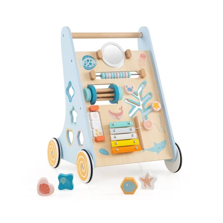 Costway Houten Baby Walker Duw-en-Trek-Leercentrum met Wielen Blauw