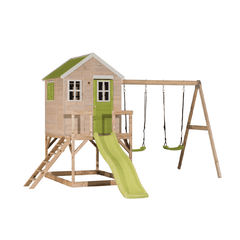 Wendi Toys Mijn Lodge Schommelset met Platform, Glijbaan en Dubbele Schommel Limoen