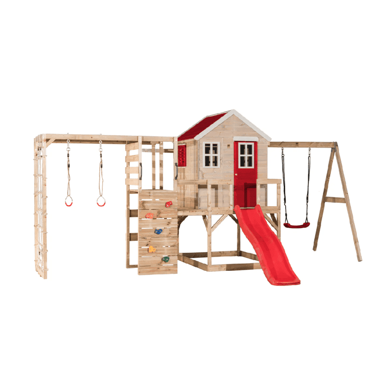 Wendi Toys My Lodge Schommelset met Platform, Glijbaan, Enkele Schommel en Gymbevestiging Rood