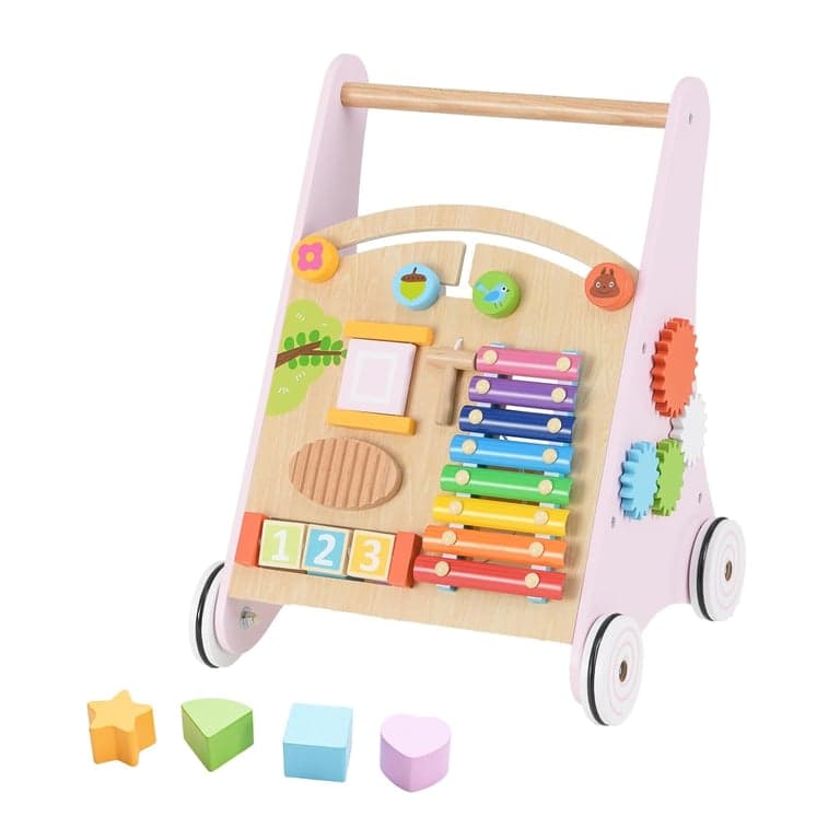 INFANS Houten Loopwagen met Meerdere Activiteiten Roze