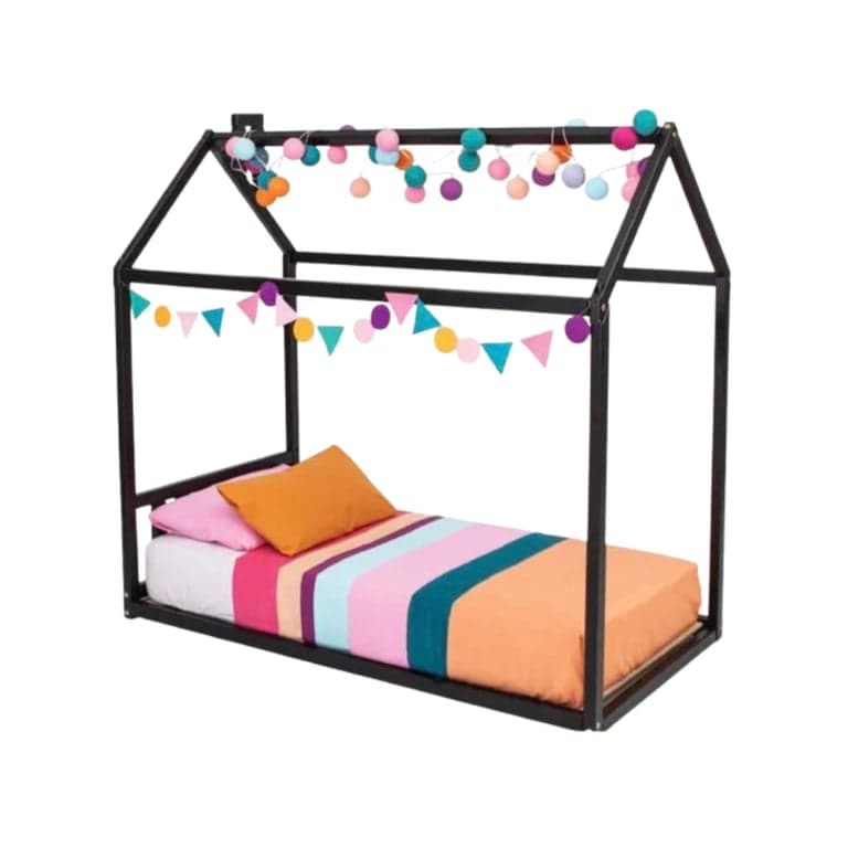 Sweet Home From Wood Huis Vloerbed met Hoofdeind Tweepersoons Zwart