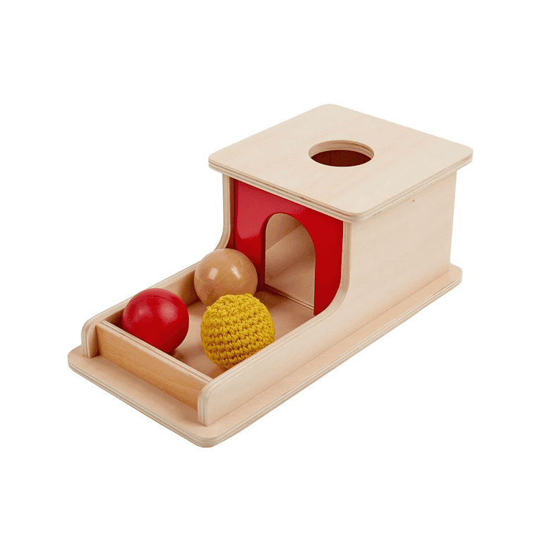Adena Montessori Inwerpkisten in Volledige Grootte met Bakje Drie Ballen (Hout, Kunststof, Gebreid)