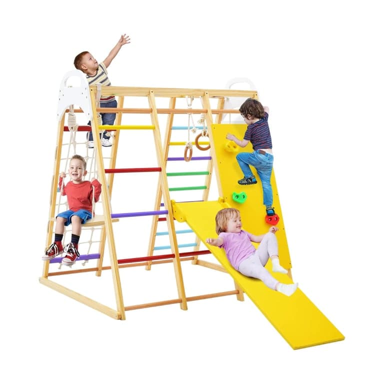Costzon Houten Indoor Jungle Gym 8-in-1 met klimrots Regenboog