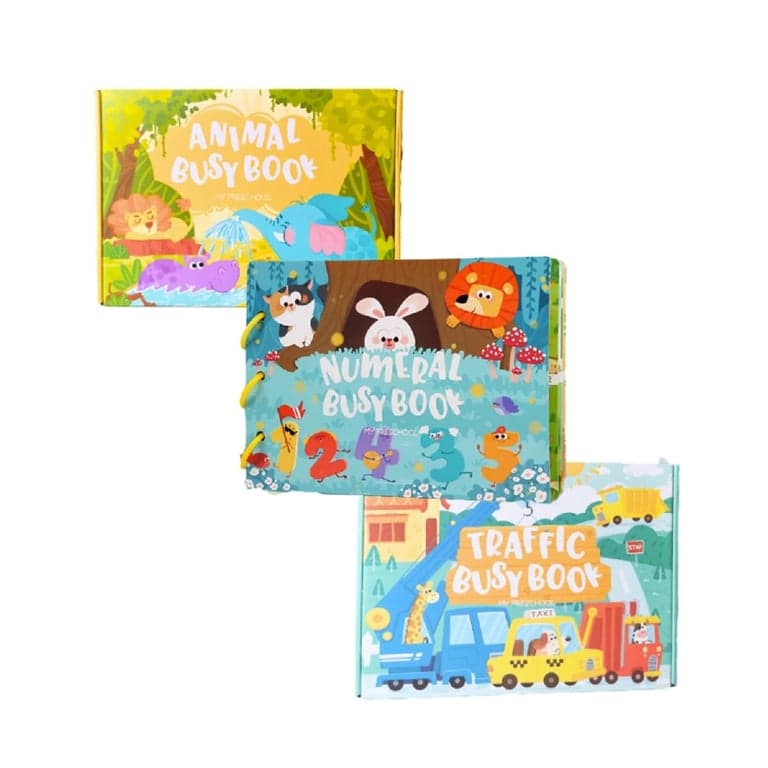 Joymaxx Papieren Activiteitenboek Set van 3 Bosdieren, Cijfers, Voertuigen