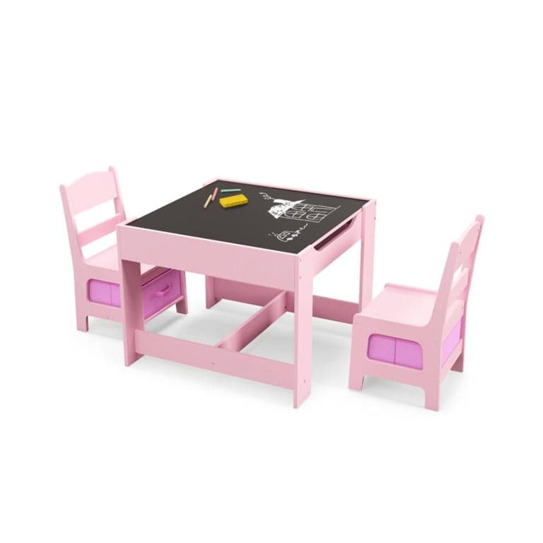 Costway Activiteitentafel en Stoelen Set met Opbergdozen, Schoolbord, Whiteboard Roze