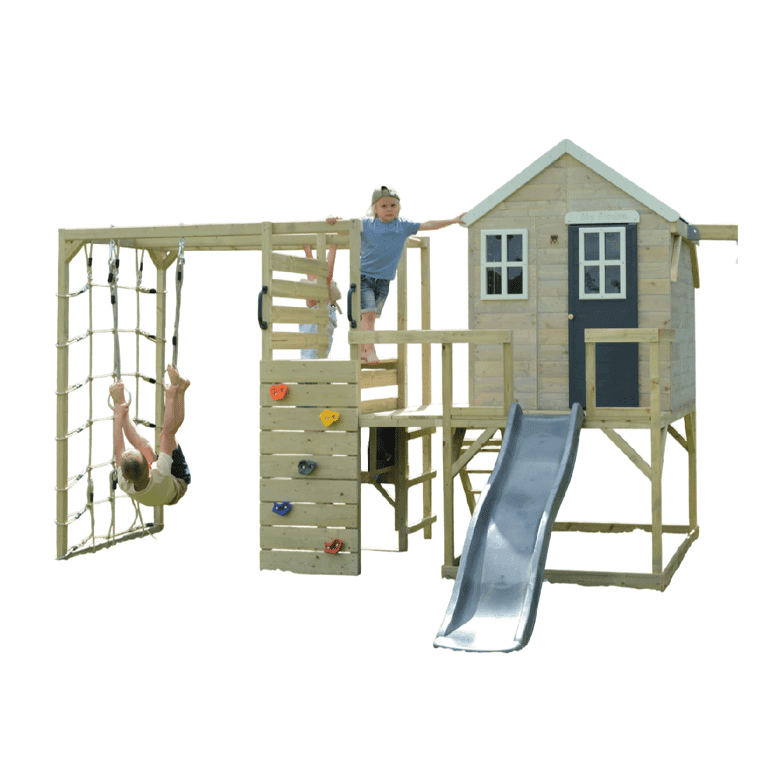 Wendi Toys Mijn Lodge Schommelset met Platform, Glijbaan, Dubbele Schommel en Gymbevestiging Grijs