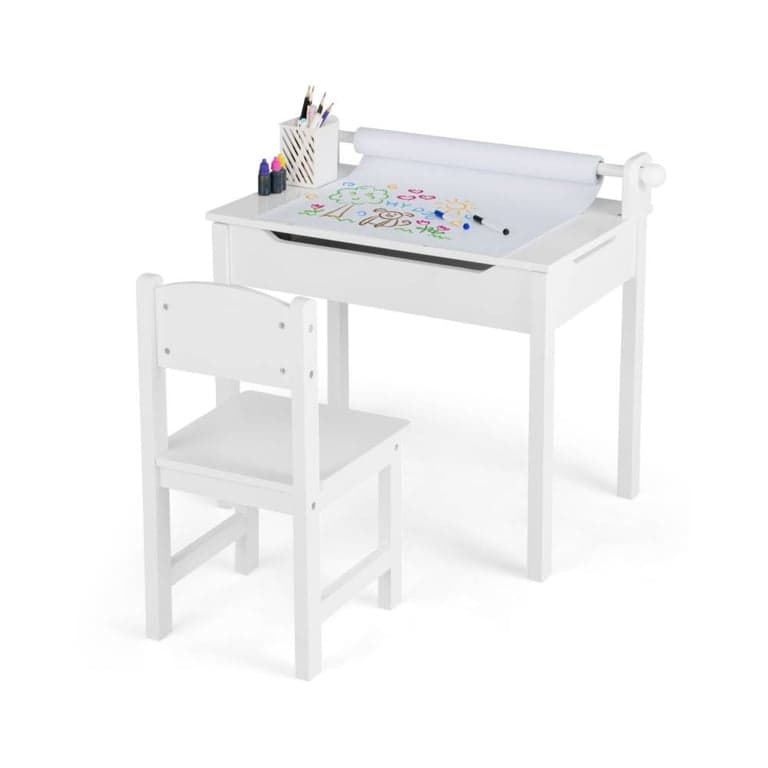 Costway Activiteitentafel en Stoel Set met Opbergruimte en Papierrolhouder Wit
