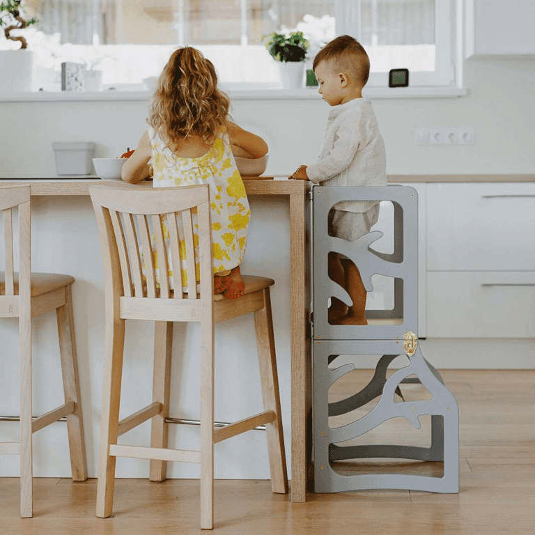 Weco 3-in-1-Boom Design Keukentoren met Opstapkruk Grijs