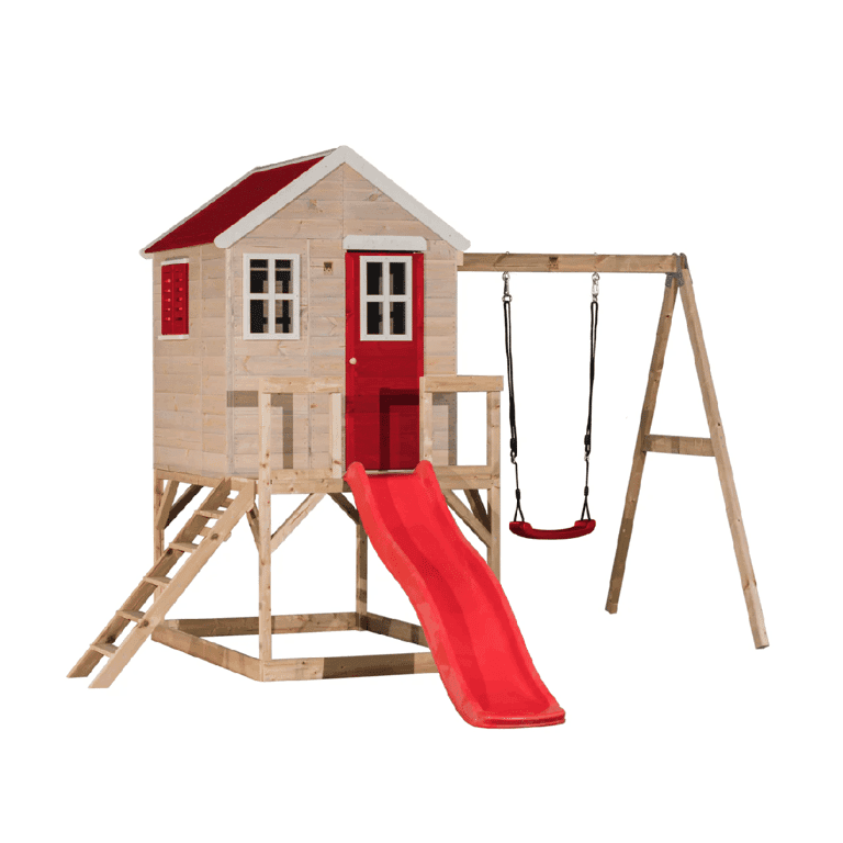 Wendi Toys My Lodge Schommelset met Platform, Glijbaan en Enkele Schommel Rood
