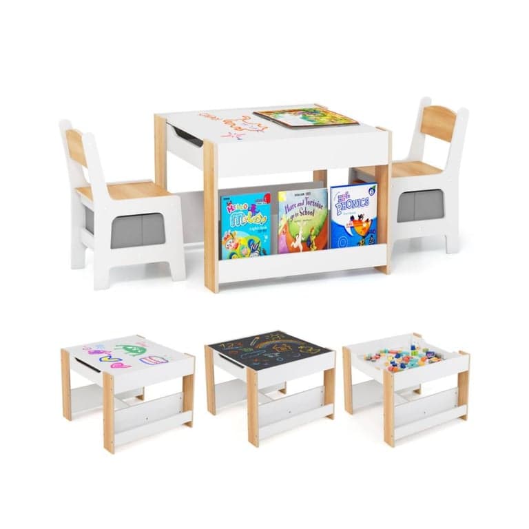 Costway 4-in-1 Activiteitentafel en Stoelen Set met Omkeerbaar Tafelblad Naturel
