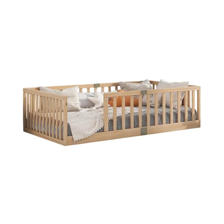Sapphome Twin Massief Houten Vloerbed Met Reling Natuurlijk
