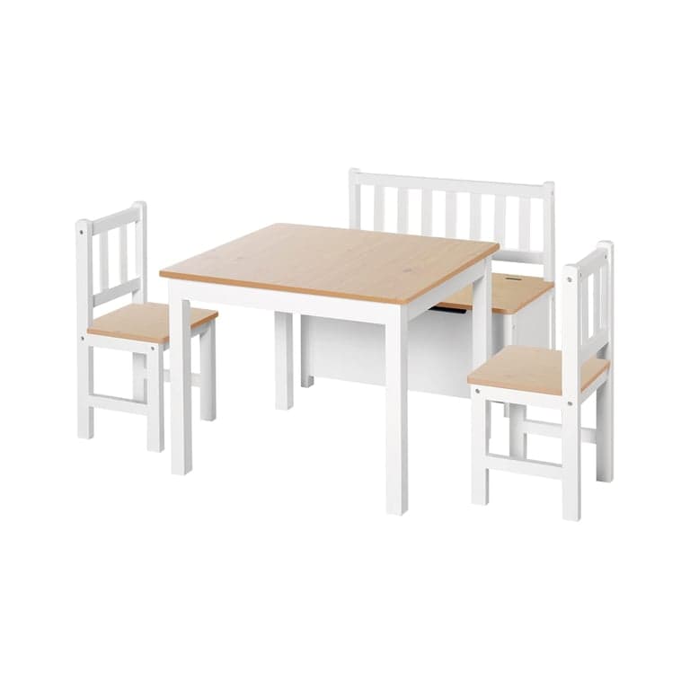 Qaba 4-Delige Kindertafelset met 2 Houten Stoelen Naturel/Wit