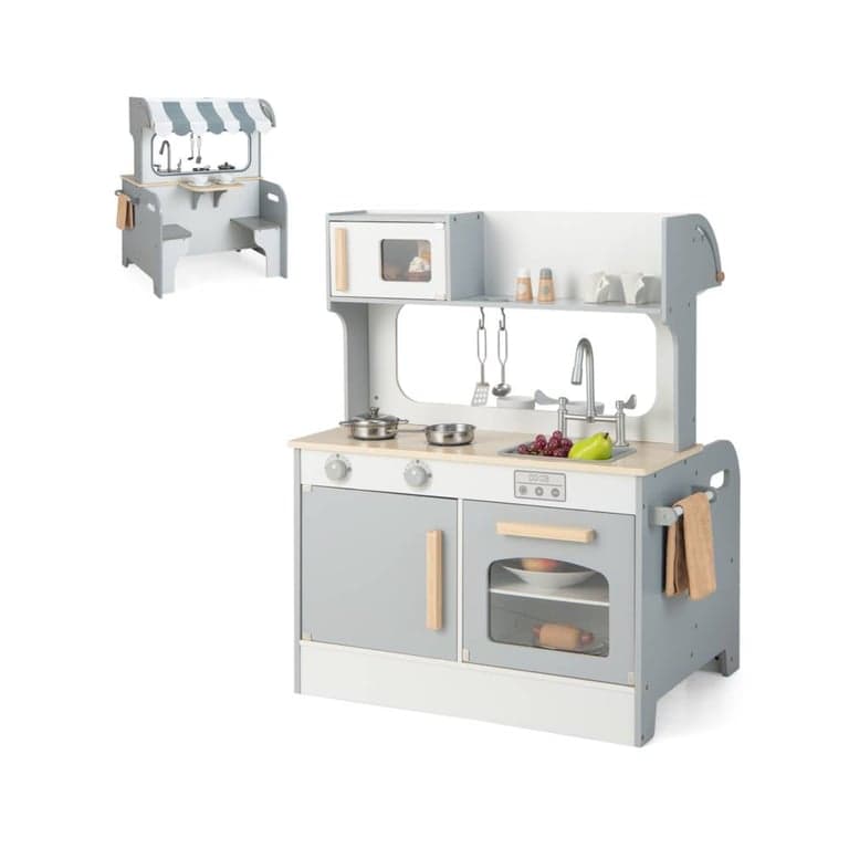 Costway Dubbelzijdige Pretend Keuken Speelset Met 2-Zits Café