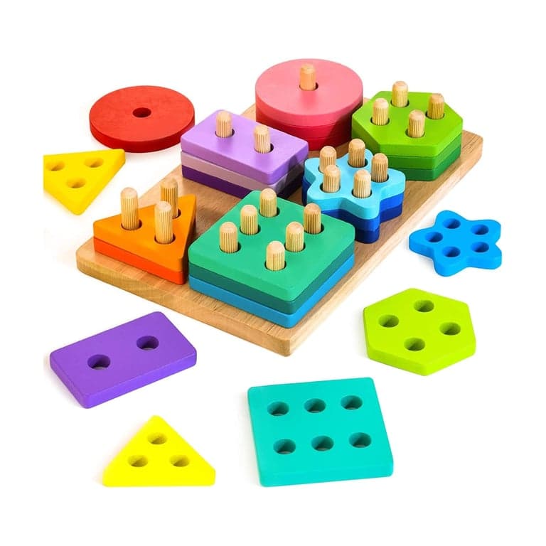 HELLOWOOD Geometrische Blokken Houten Stapelaar Regenboog