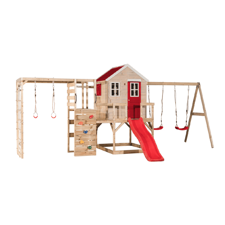 Wendi Toys My Lodge Schommelset met Platform, Glijbaan, Dubbele Schommel en Gymbevestiging Rood
