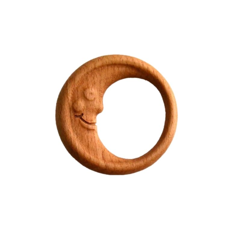 PoppyBabyCo Wooden Rattle Teether Maan Bijtring