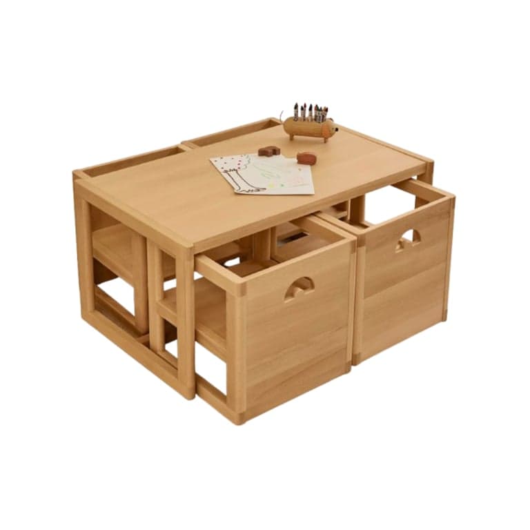 Piccalio Omkeerbare Stoel en Speel Tafel Set Grote Natuurlijke Tafel en 4 Stoelen