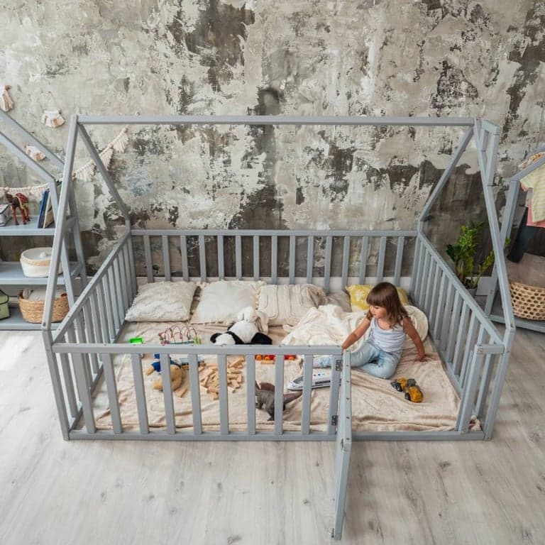 BusyWood Vloerbed Box Huis Frame Volle Maat Grijs