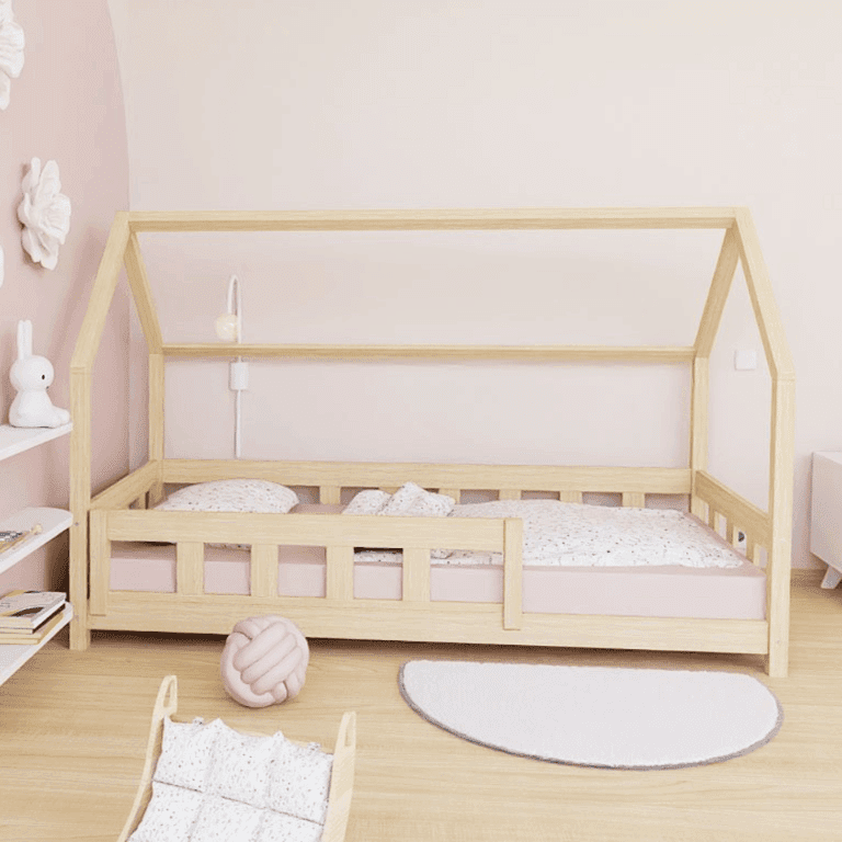 Benlemi Huisbed Plotty met Zijpaneel en Veiligheidsreling Vooraan Ongelakt 90x190 CM
