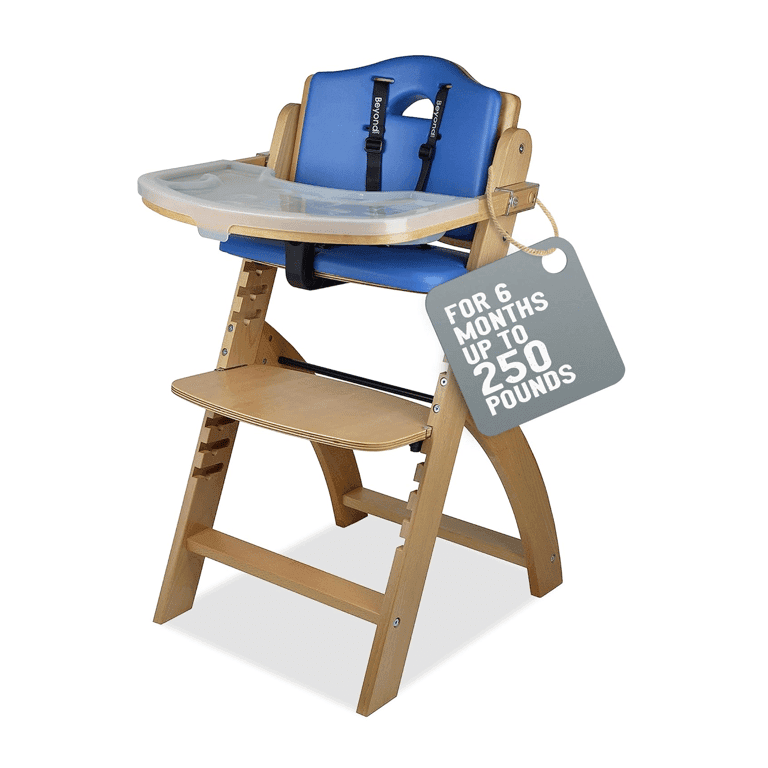 Abiie Beyond Junior Cabrio Houten Hoge Kinderstoel Natuurlijk Hout Blauw Kussen
