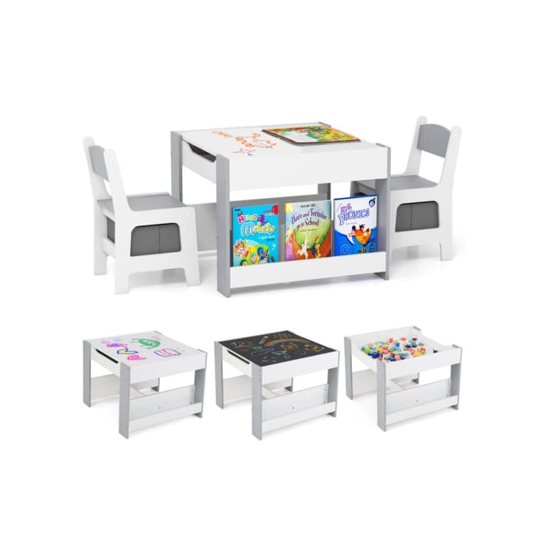 Costway 4-in-1 Activiteitentafel en Stoelen Set met Omkeerbaar Tafelblad Grijs