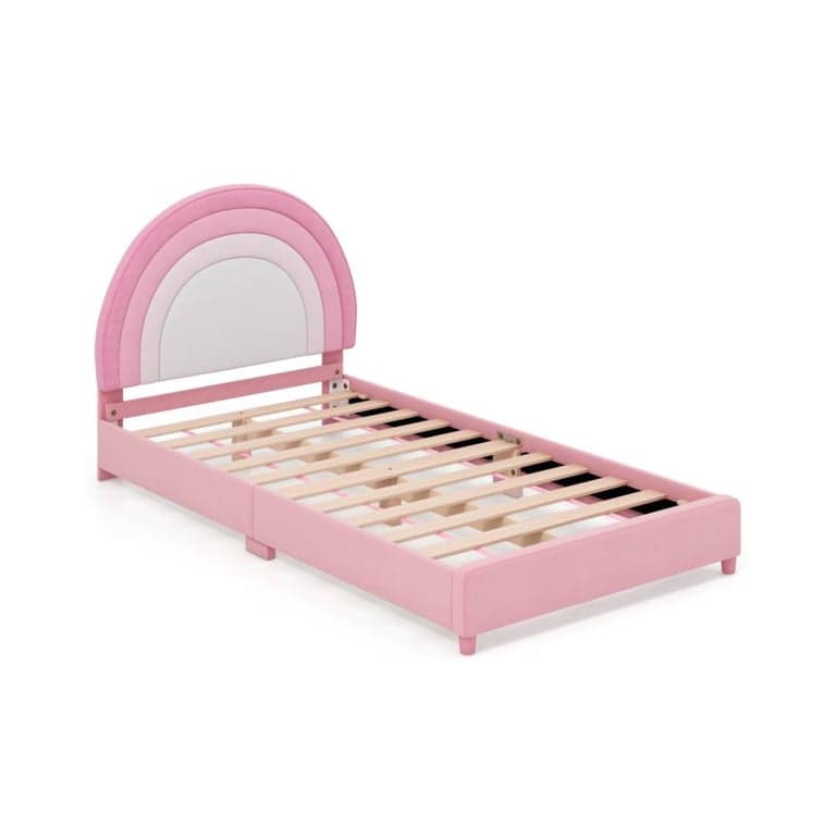 Costway Twin Bedframe met in Hoogte Verstelbaar Hoofdeinde en Stevige Houten Latten Wit en Roze