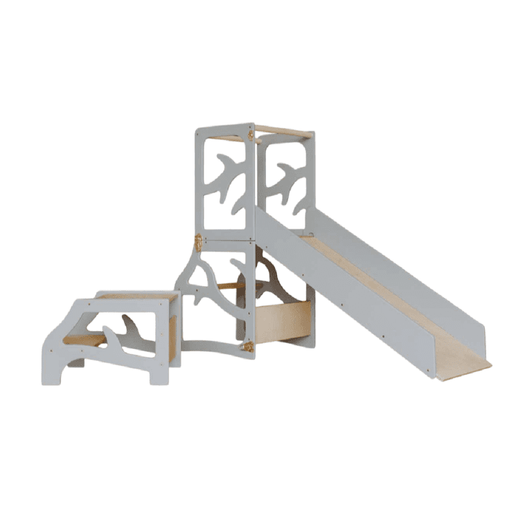 Weco 4-in-1-Boom Design Keukentoren met Glijbaan en Opstapkruk Grijs