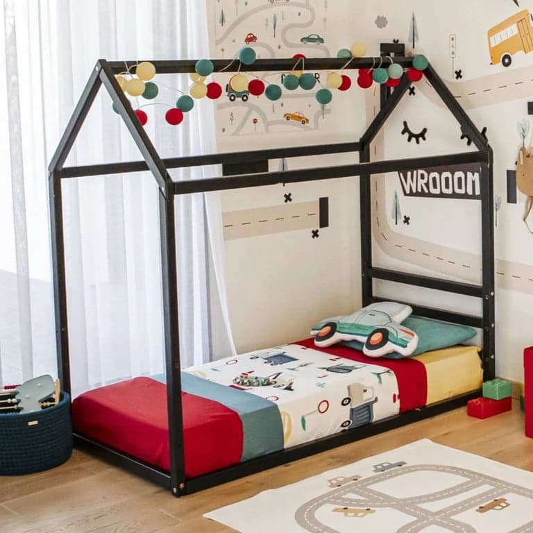 Sweet Home From Wood Huis Vloerbed met Horizontaal Hoofdeinde Tweepersoons Zwart