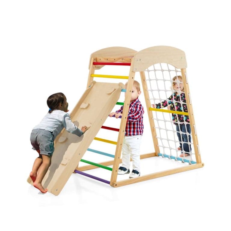 Costway 6-in-1 Houten Indoor Speeltuin met Dubbelzijdige Hellingbaan en Apenrekken Multicolor