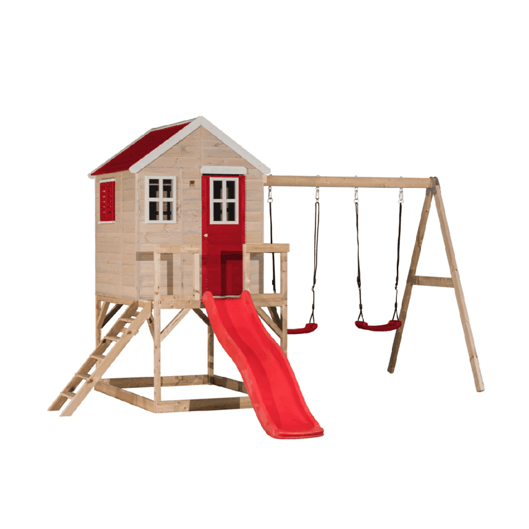 Wendi Toys Mijn Lodge Schommelset met Platform, Glijbaan en Dubbele Schommel Rood