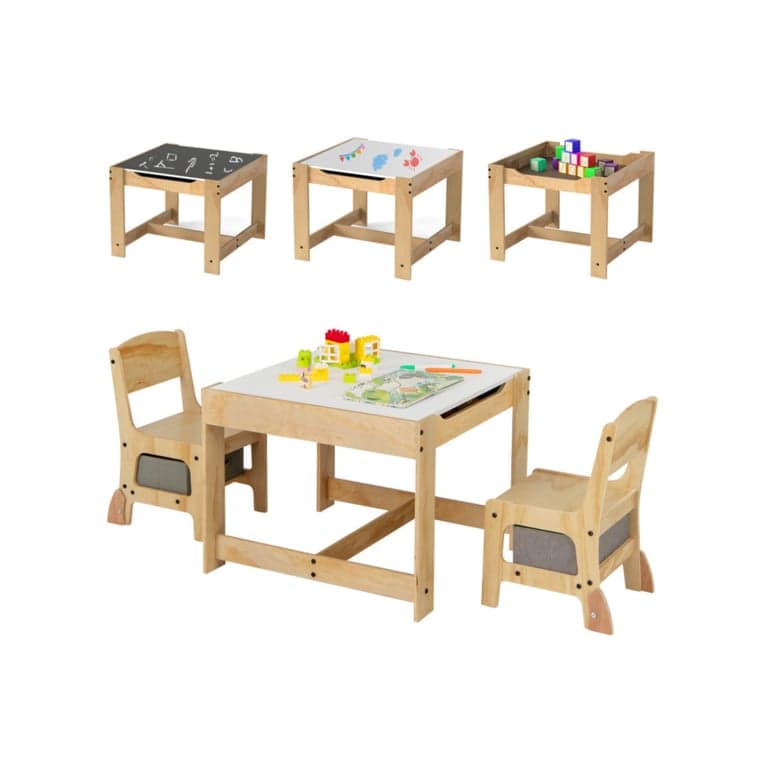 Costway 3-in-1 Activiteitentafel en Stoel Set met Afneembaar Tafelblad en 2 Opbergladen Grijs